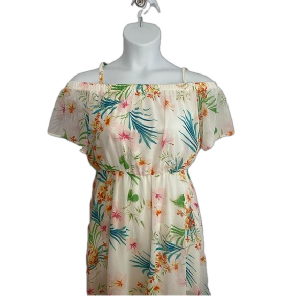 AS U WISH Cream & Tropical Floral Print High-Low Off The Shoulder Dress SKU1122 - Picture 4 of 12